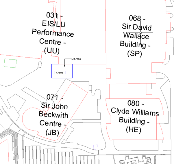 Map of Buildings showing crane lift area for works